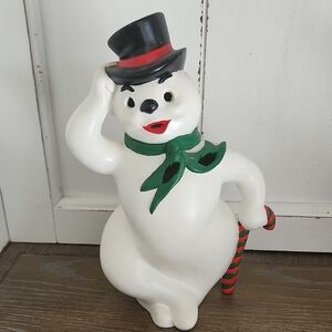 Vintage Atlantic Mold Ceramic Snowman Top Hat Candy Cane Figurine 1970s